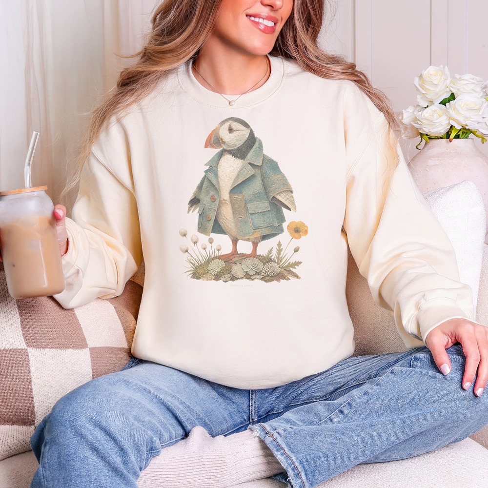 Fratercula Arctica Puffin in a Teal Collage Jacket Sweatshirt